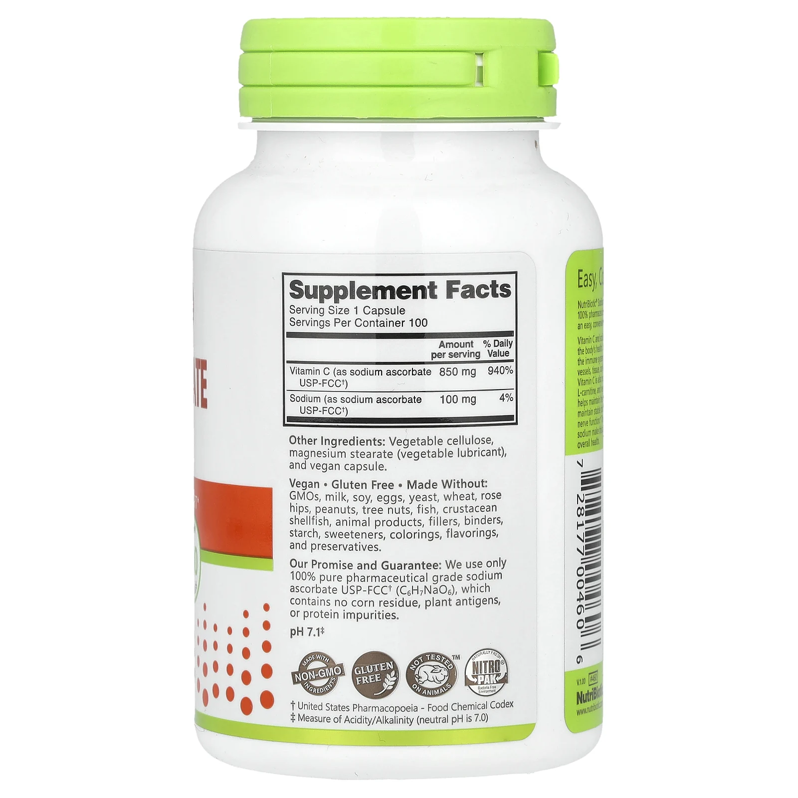 NutriBiotic, Immunity, аскорбат натрия, 100 веганских капсул