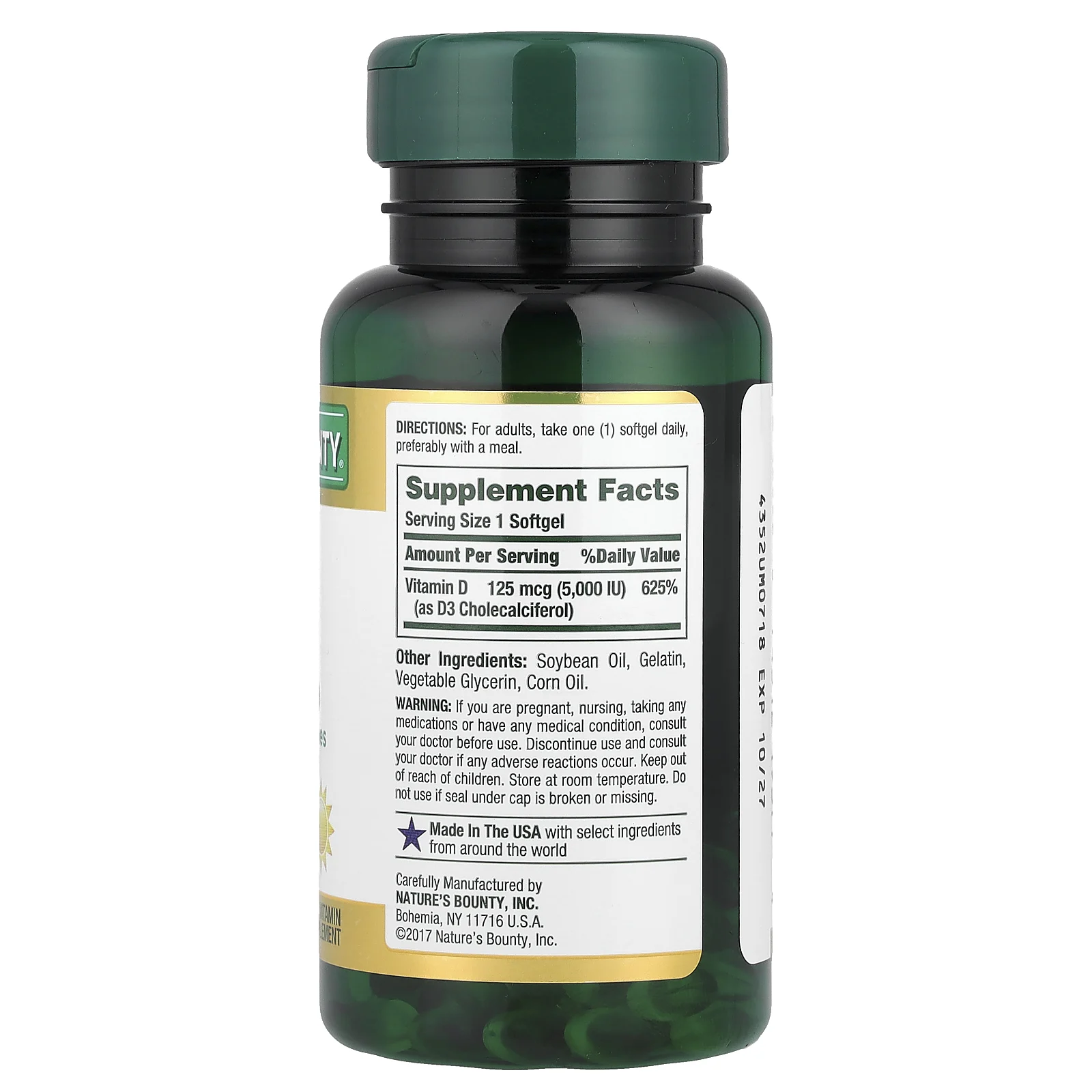 Nature's Bounty, витамин D3, 125 мкг (5000 МЕ), 150 мягких таблеток с быстрым высвобождением